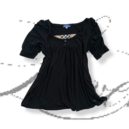 preppy burberry blue label black puff sleeve babydoll nova check milkmaid top