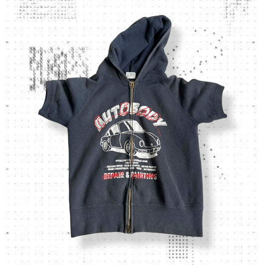 vintage navy car graphic bape short sleeve zip hoodie jacket