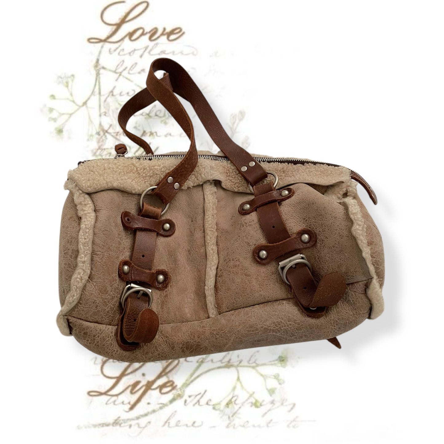 vintage dakota beige brown faded leather sherpa handbag with brown leather buckle detail
