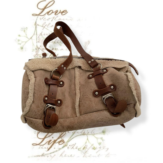 vintage dakota beige brown faded leather sherpa handbag with brown leather buckle detail