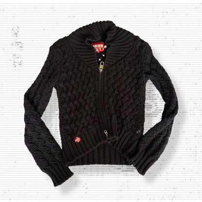 Miss Sixty黑色钩针重针织拉链开衫外套