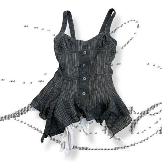 daks grey pinstripe ruched milkmaid bustier ruffle hem top