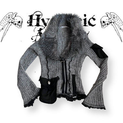 speckled grey fur trim zone bleue knit long sleeve zip cardigan jacket