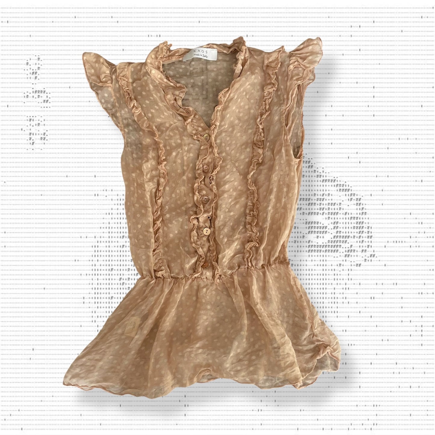 浪漫乡村风真丝混沌薄纱蜜桃色波点荷叶边法式短袖收口纽扣衬衫