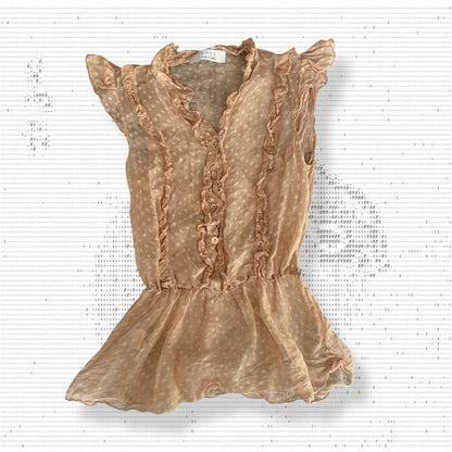 浪漫乡村风真丝混沌薄纱蜜桃色波点荷叶边法式短袖收口纽扣衬衫