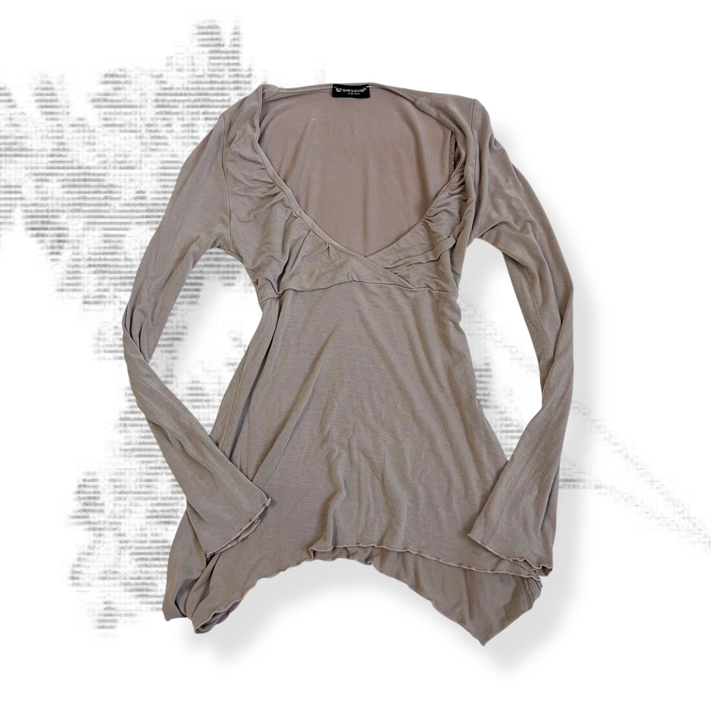 speccio beige balletcore wrap style asymmetric hem long sleeve shirt