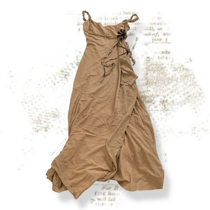 bouche a bouche faux suede brown eurosummer boho wooden flower maxi dress