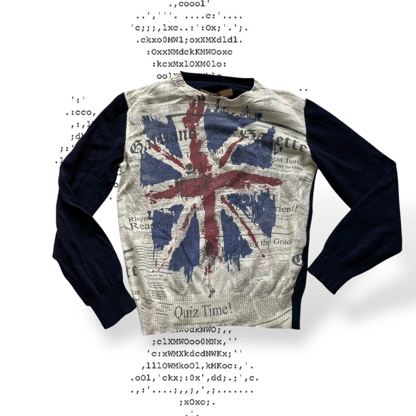 复古 John Galliano 海军蓝长袖英国国旗报纸印花羊毛羊绒混纺针织毛衣