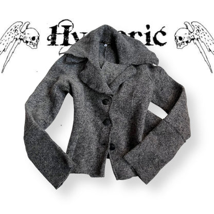 kosmika grey wool blend knit collared cropped long sleeve pea coat