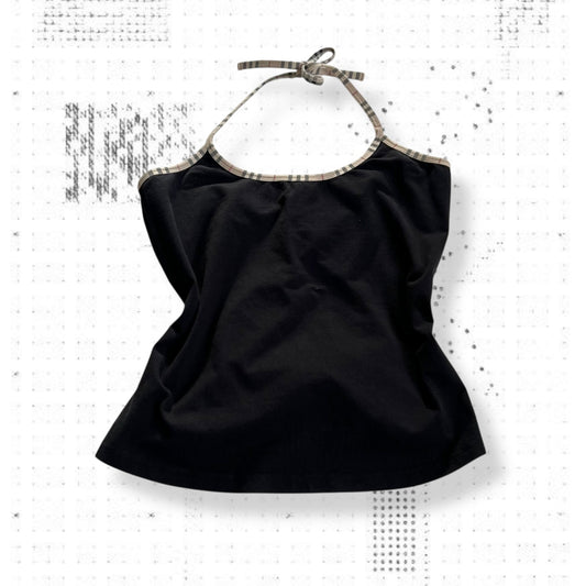 burberry black halterneck camisole with nova check ribbon strap