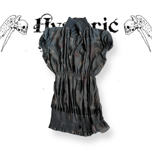 amy gee khaki brown camo chiffon puff sleeve high collared ruched blouson