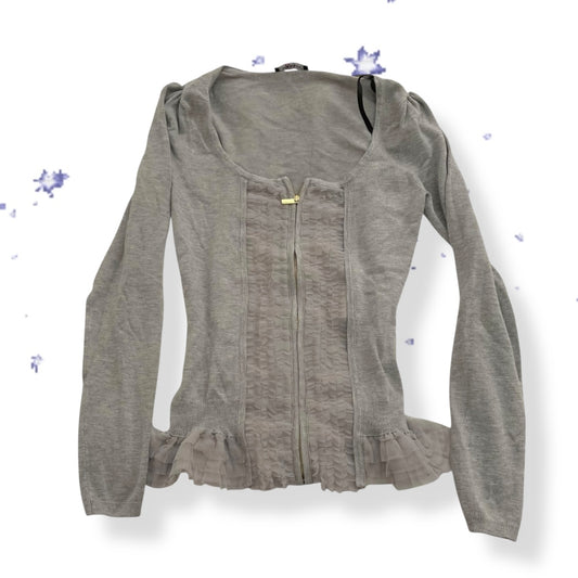 morgan de toi layered grey faux cardigan + ruffle blouse two in one corset style top