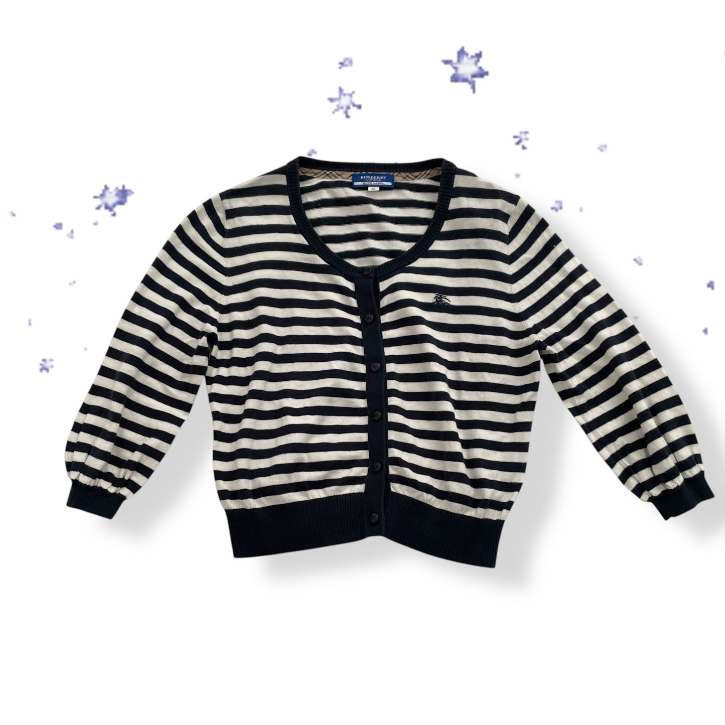 burberry blue label navy white striped puff sleeve crop cardigan