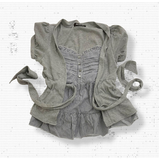 glam 2nd grey short sleeve faux layered cardigan striped babydoll top two in one