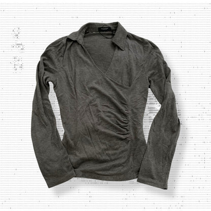 burberry wrap style ruched asymmetric grey long sleeve collared top