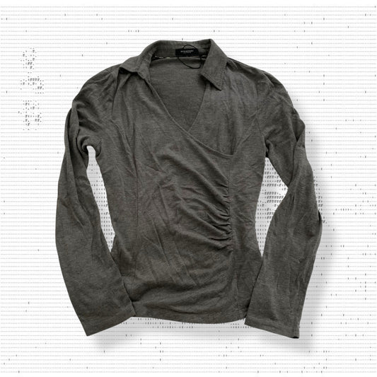 burberry wrap style ruched asymmetric grey long sleeve collared top