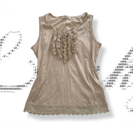 beige gallery visconti polka dot ruffle lace vest tunic top