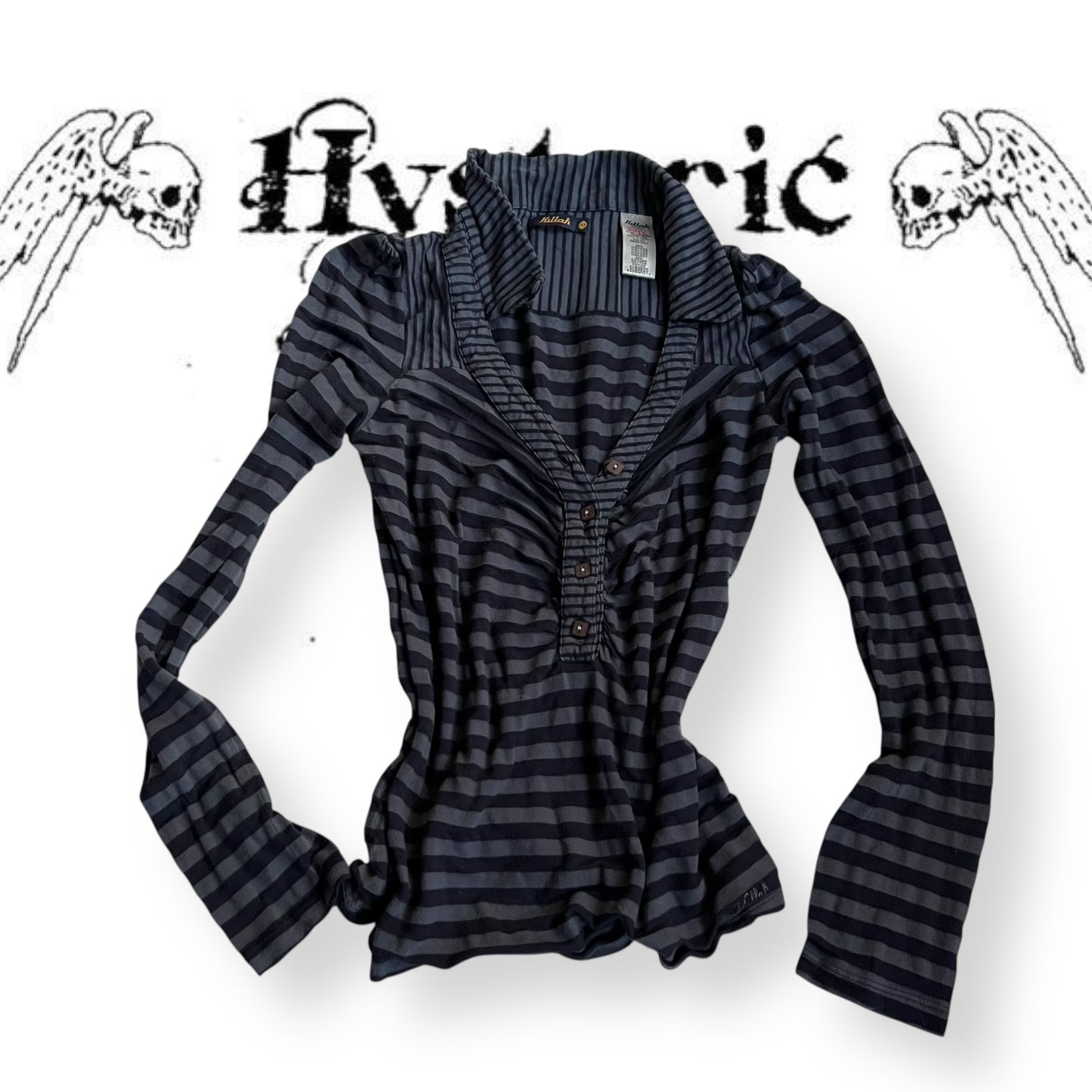 killah navy striped long sleeve v neck button down fitted shirt