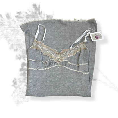 romantic grey elisa caveletti beige lacey ruched pastel button midi dress