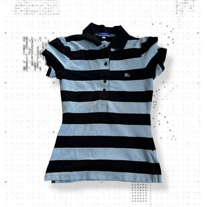 burberry blue label preppy black baby blue striped puff sleeve collared polo shirt