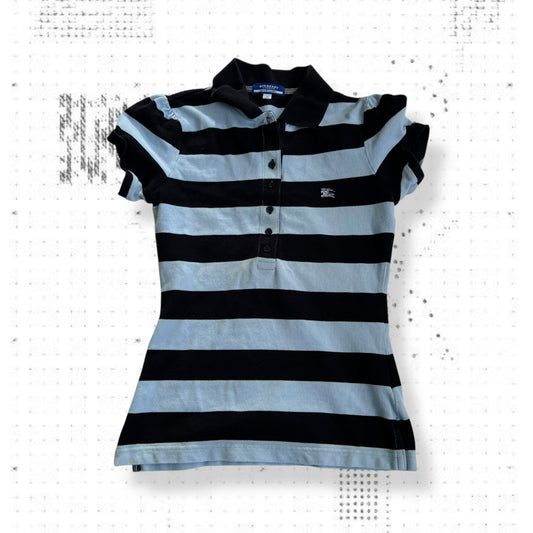 burberry blue label preppy black baby blue striped puff sleeve collared polo shirt