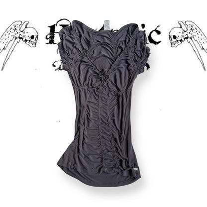 miss sixty grey purple puff sleeve ruched lace up bust fitted blouse shirt