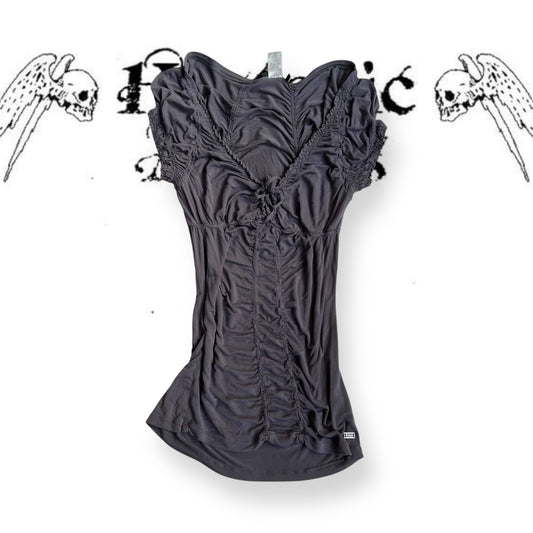 miss sixty grey purple puff sleeve ruched lace up bust fitted blouse shirt