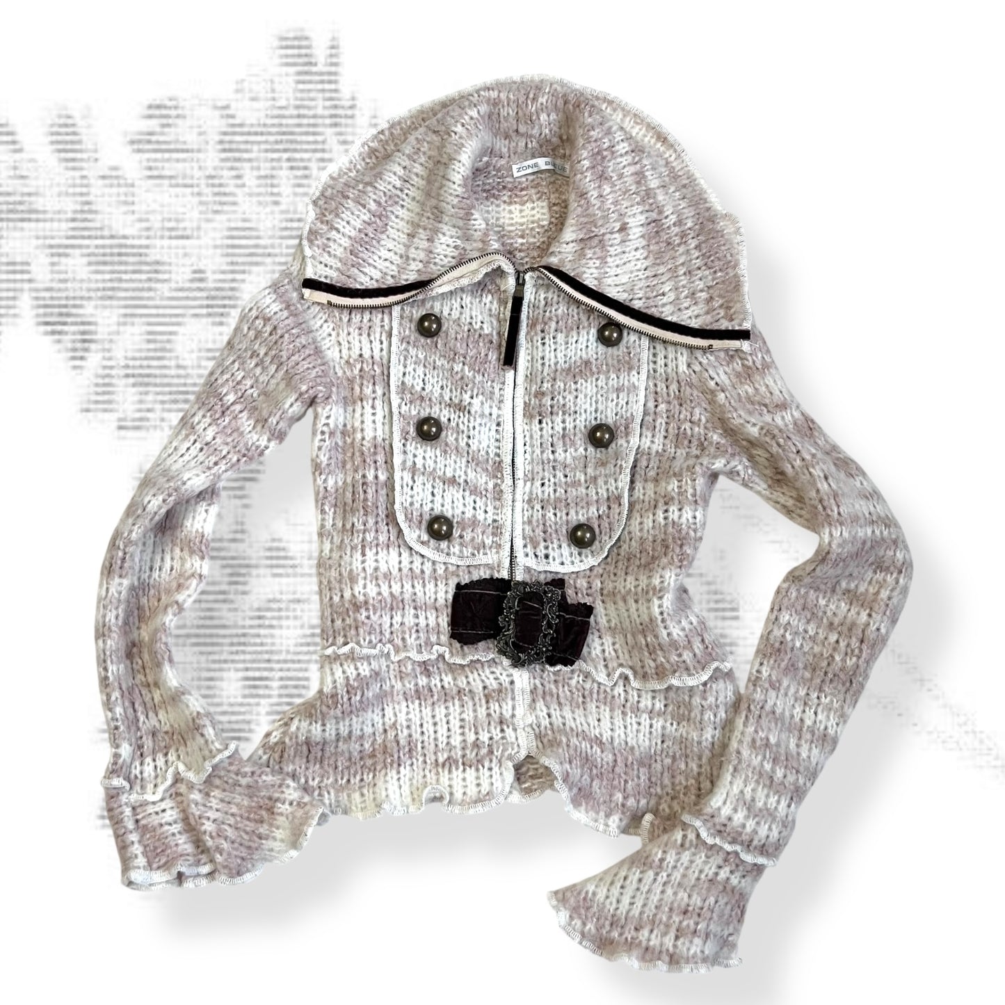 zone bleue speckled brown wide collared knit zip velvet ribbon belt cardigan jacket