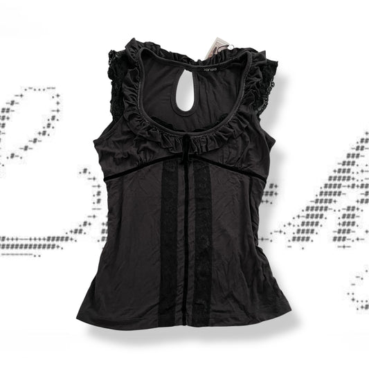 black grey ruffle coquette lacey xanaka frilly camisole top