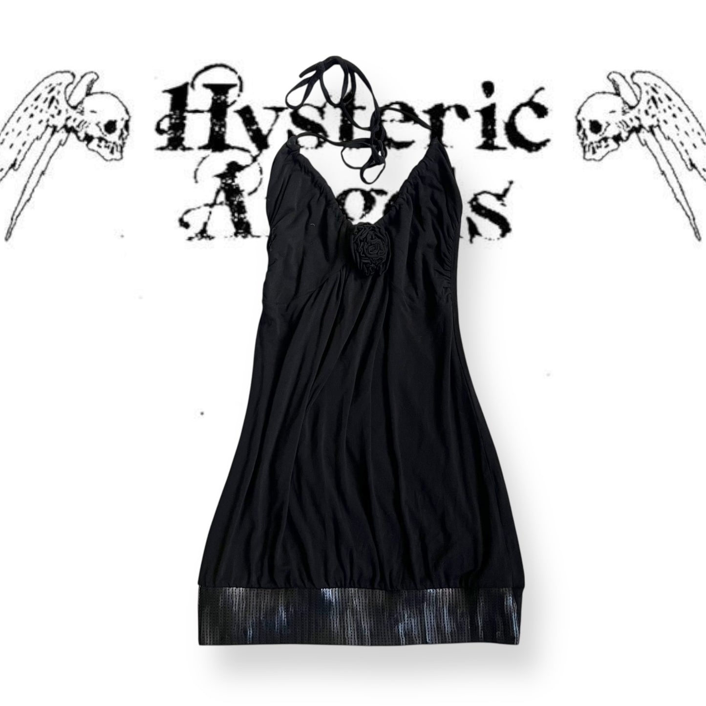 las chicas black drop waist sequin hem halter neck rosette bust long tunic cami