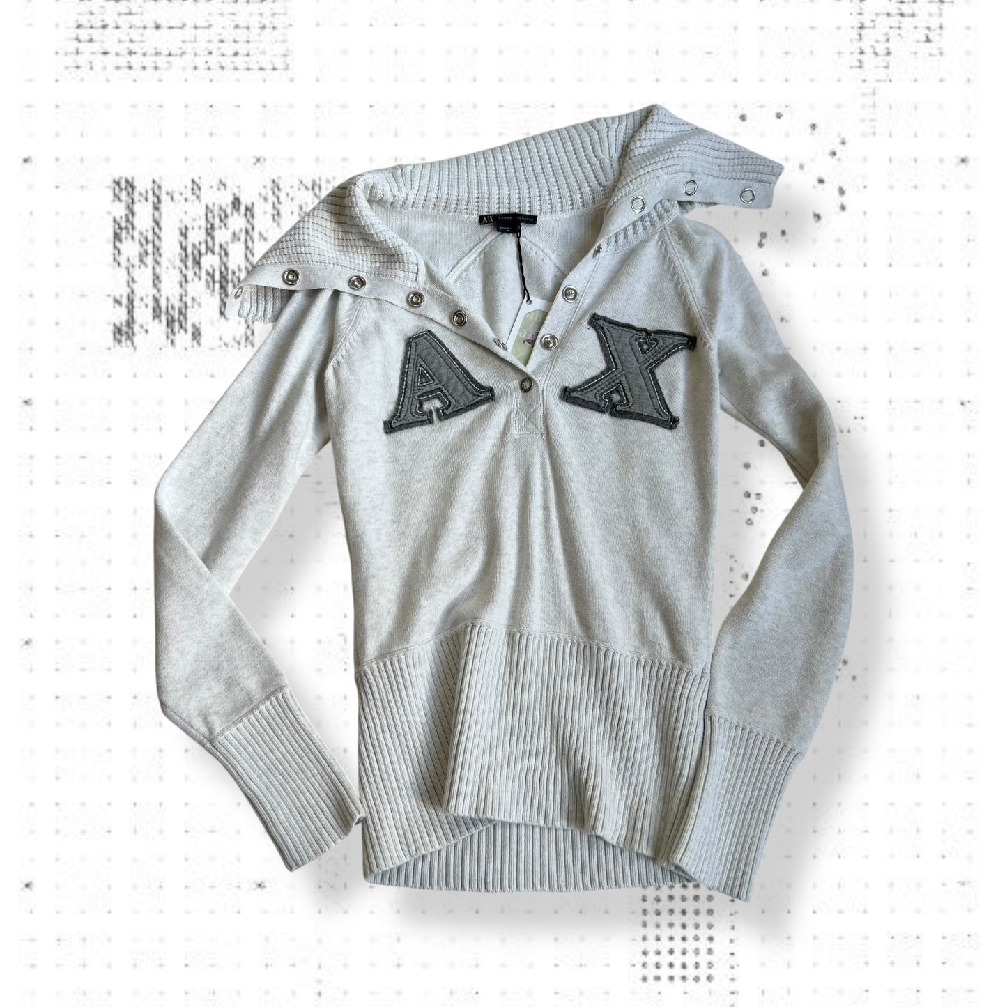 preppy armani exchange white grey folded wide collar long sleeve patch sweater