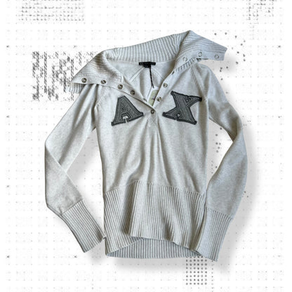 preppy armani exchange white grey folded wide collar long sleeve patch sweater