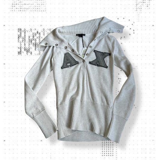 preppy armani exchange white grey folded wide collar long sleeve patch sweater