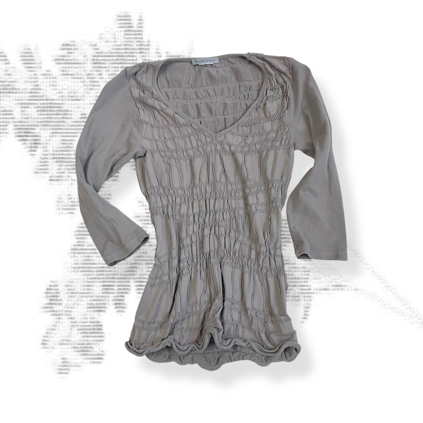 beige sarah pacini ruched 3/4 sleeve fitted top