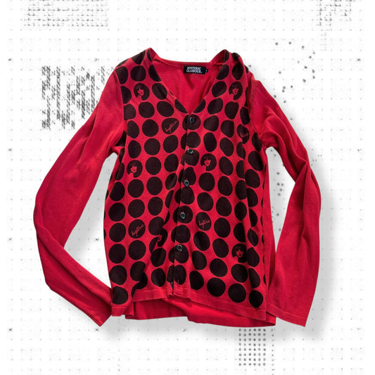 hysteric glamour faded raspberry red polka dot graphic long sleeve cardigan