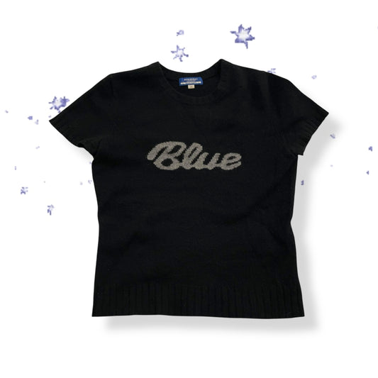 burberry blue label preppy black wool short sleeve knit top with grey italic text