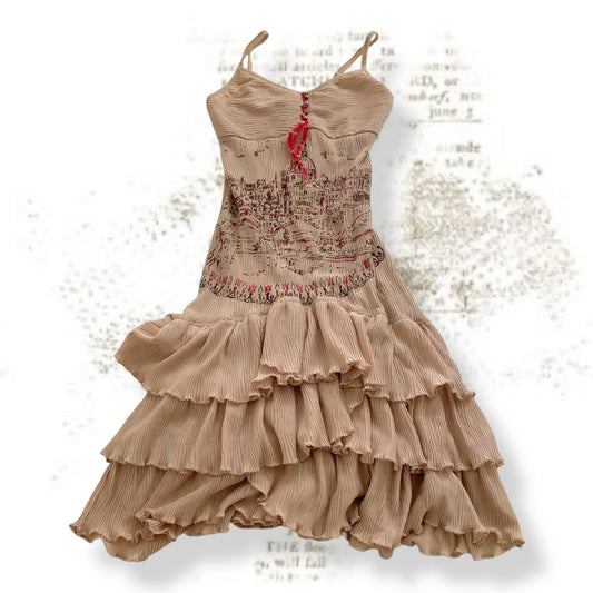 save the queen beige boho western print pink accent ruffle hem midi dress