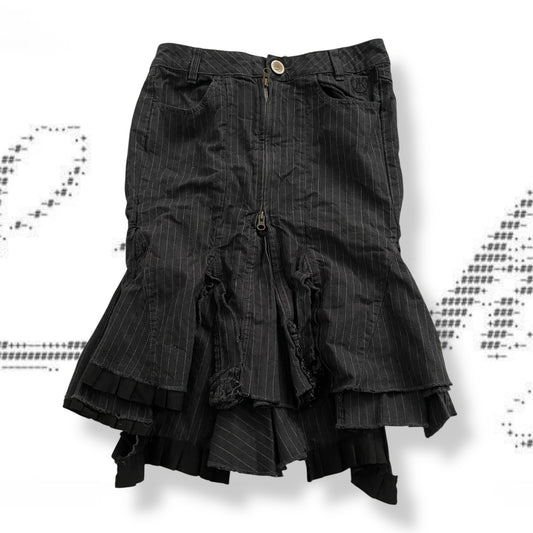 vintage ddp dark grey striped zip ruffle mermaid hem midi skirt