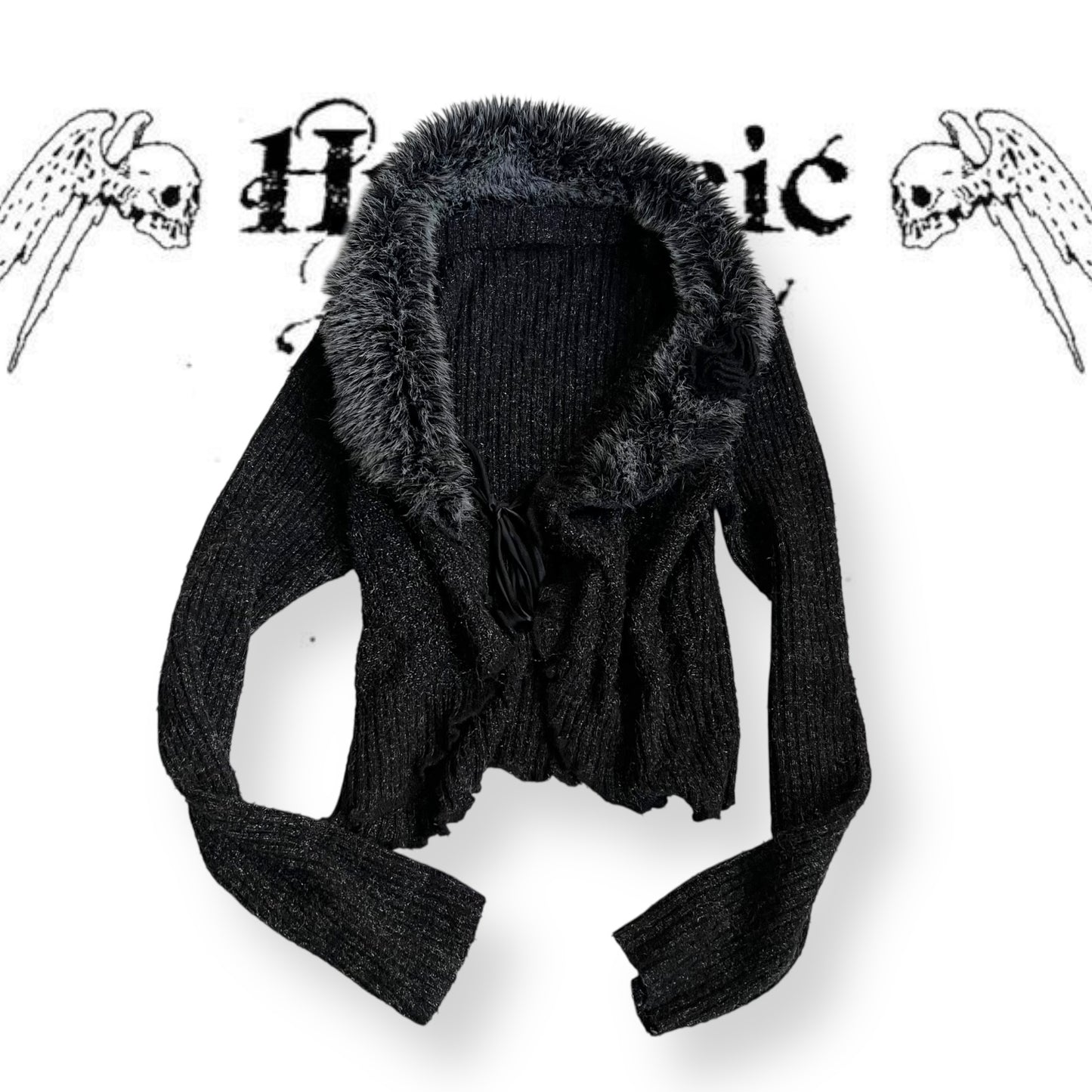 dark grey speckled alex-e paris long sleeve knit fur collar rosette cardigan bolero