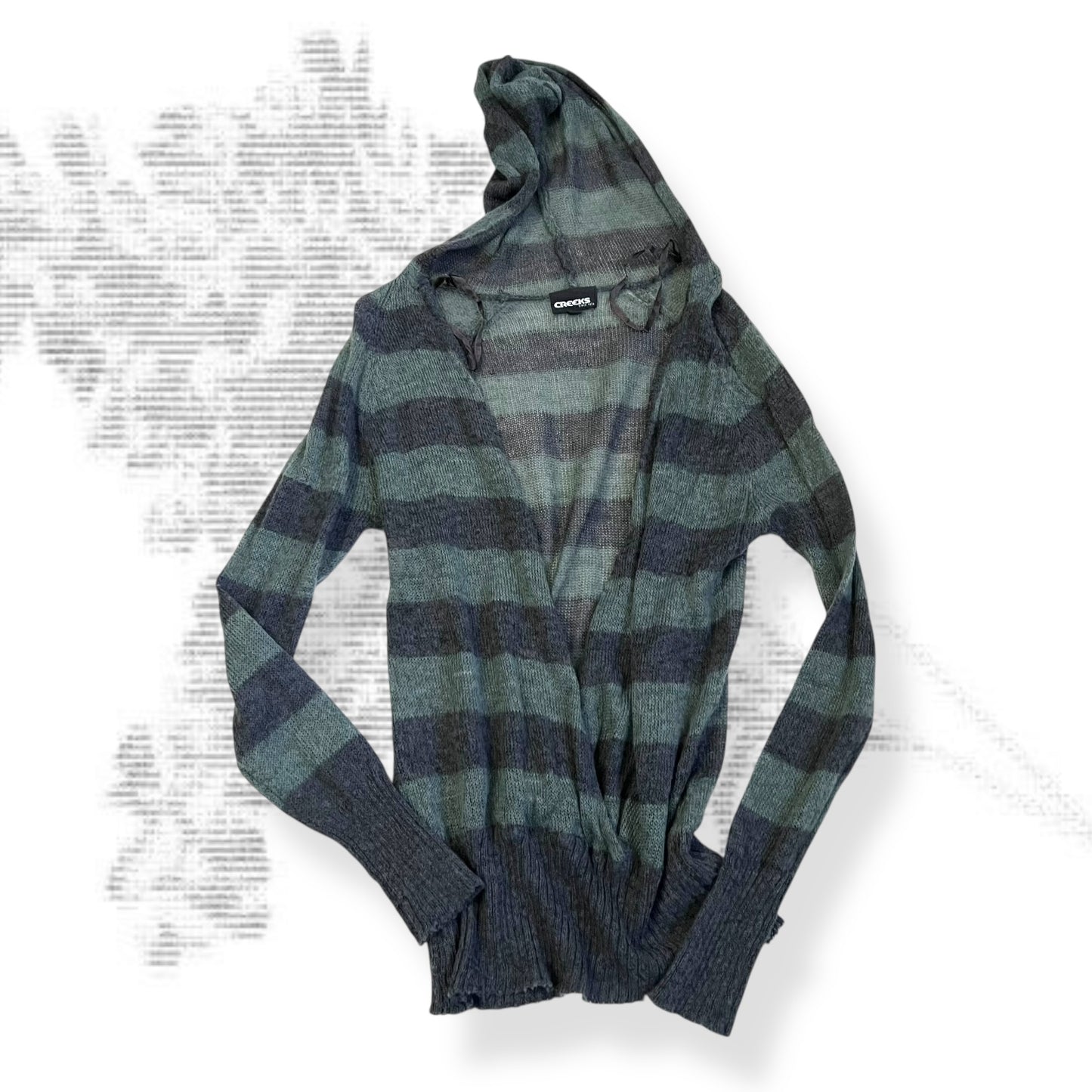 vintage creeks mohair blend grey green striped open wrap long sleeve hooded cardigan