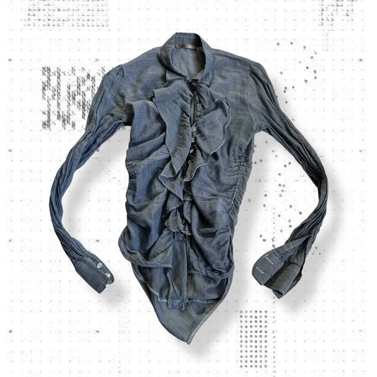 toy g romantic victorian blue grey pinstripe long sleeve collared ruched blouse shirt