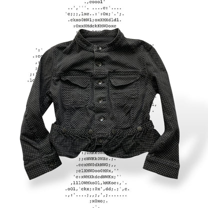 fornarina preppy coquette spring black polka dot collared ruffle hem fitted cropped jacket with button detail