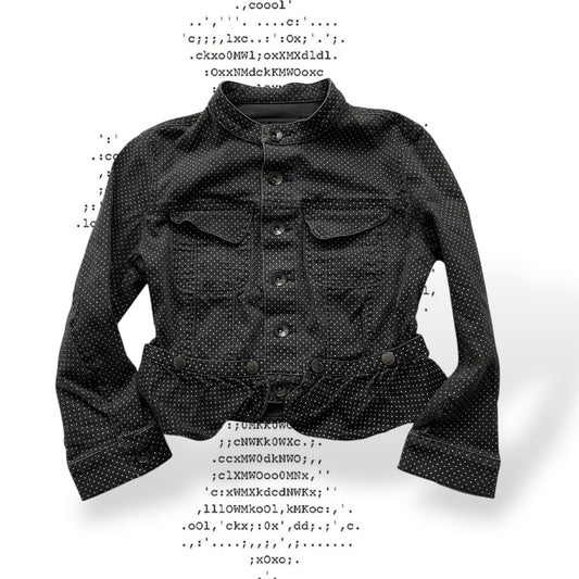 fornarina preppy coquette spring black polka dot collared ruffle hem fitted cropped jacket with button detail