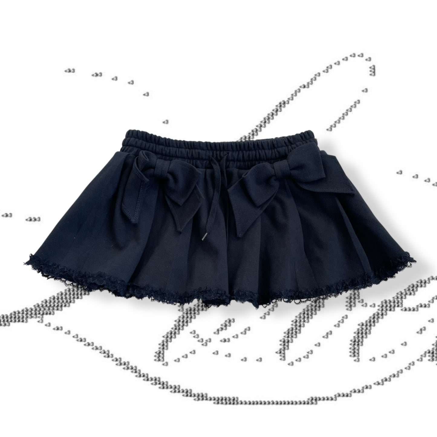 dark coquette navy pleated dual bow lacey hemline mini skirt