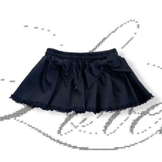 dark coquette navy pleated dual bow lacey hemline mini skirt