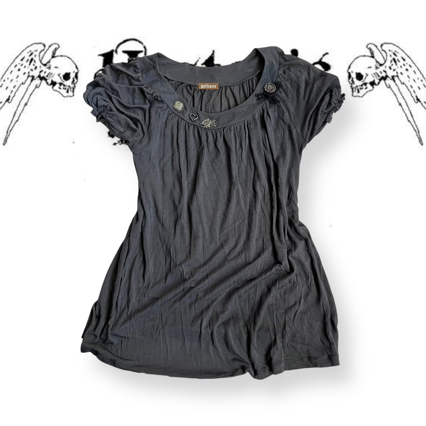 galliano dark grey puff sleeve gothic charm babydoll tunic blouse