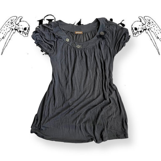 galliano dark grey puff sleeve gothic charm babydoll tunic blouse