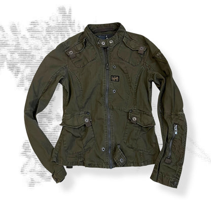 dark khaki g-star raw long sleeve utility style neck buckle jacket