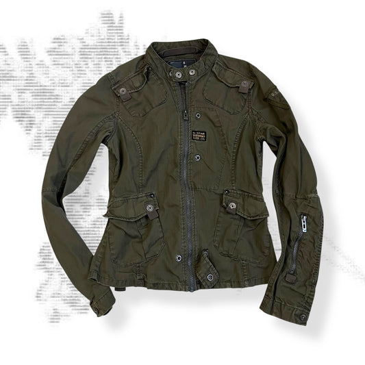 dark khaki g-star raw long sleeve utility style neck buckle jacket