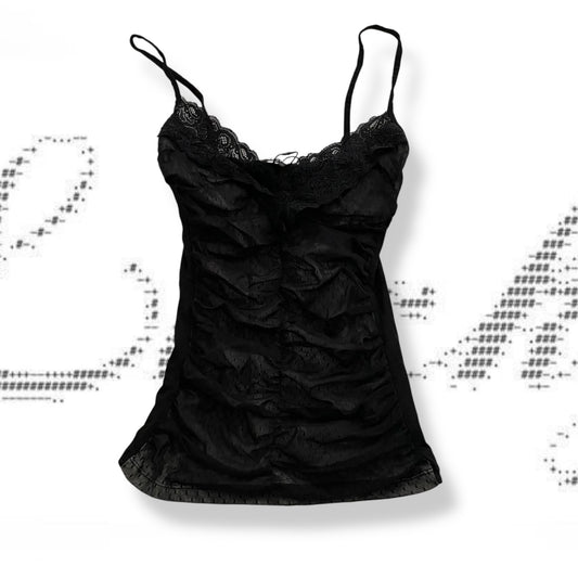 morgan de toi coquette romantic ruched polka dot tulle layered lace trim camisole